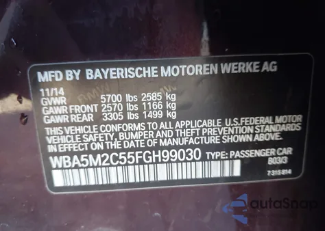 2015 BMW 535I Gran Turismo z USA, uszkodzony, nr VIN WBA5M2C55FGH99030